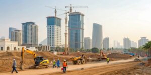 International construction company working on large-scale infrastructure in an emerging economy, showing cranes, workers, and developing city skyline