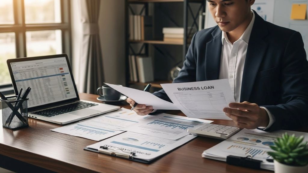Entrepreneur reviewing business loan documents and financial paperwork at desk with laptop and calculator