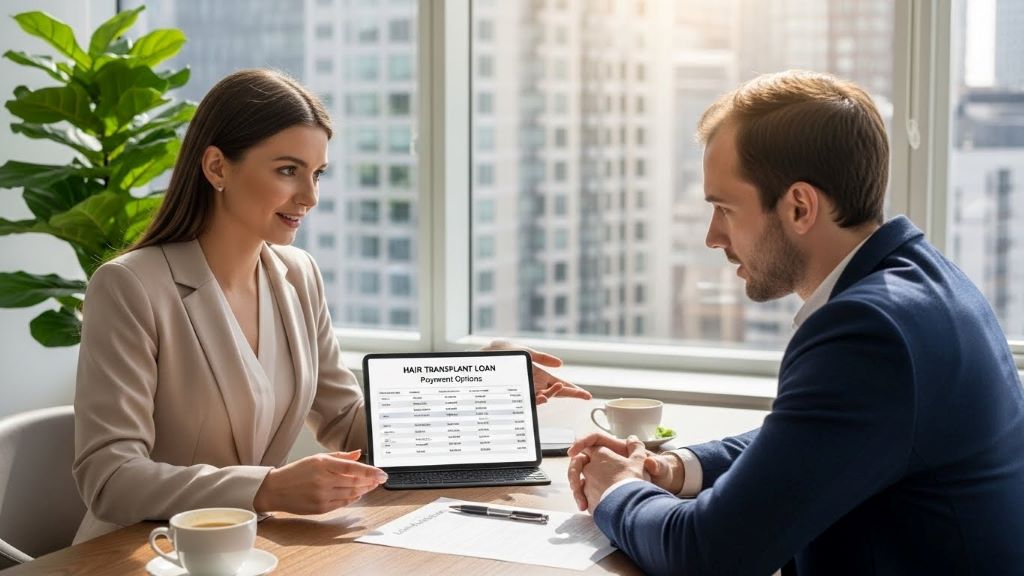 Financial advisor discussing hair transplant loan payment options with client in consultation room