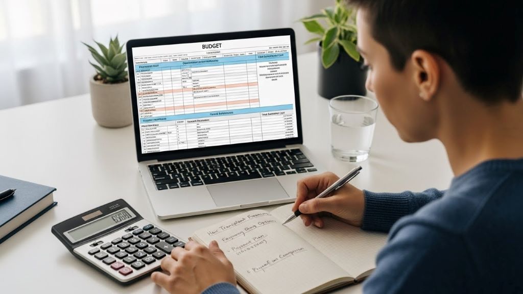 Person reviewing budget spreadsheet with calculator for hair transplant financing planning