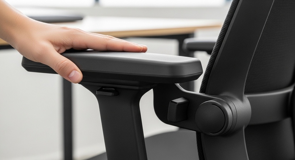 demonstration of adjustable armrests supporting forearms while typing