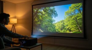 A projector screen displaying high-contrast, vibrant image quality in a dark room