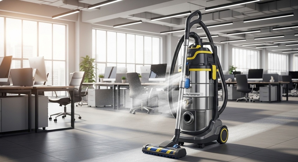 High capacity vacuum machine cleaning carpet in office workspace