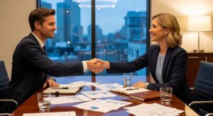 Two business professionals shaking hands across a conference table during a private business sale negotiation