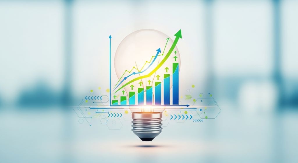 An upward growth chart overlaid on a lightbulb icon, symbolizing business success driven by innovation and strategic adaptability