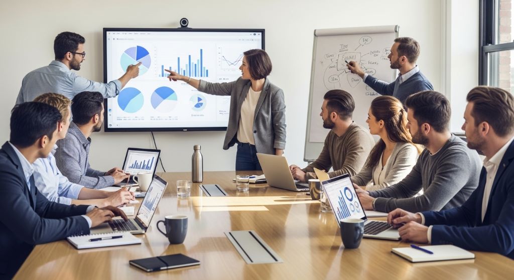 Business team collaborating around a table with charts and laptops, representing adaptability and innovation in the workplace