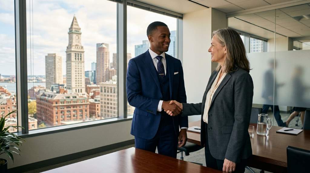 A male and female finance professional in formal business attire standing confidently outside