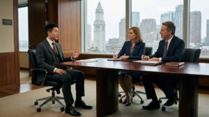 A professionally dressed finance candidate in a navy suit and polished leather shoes