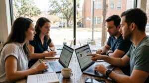 Austin freelancer researching online income communities on laptop