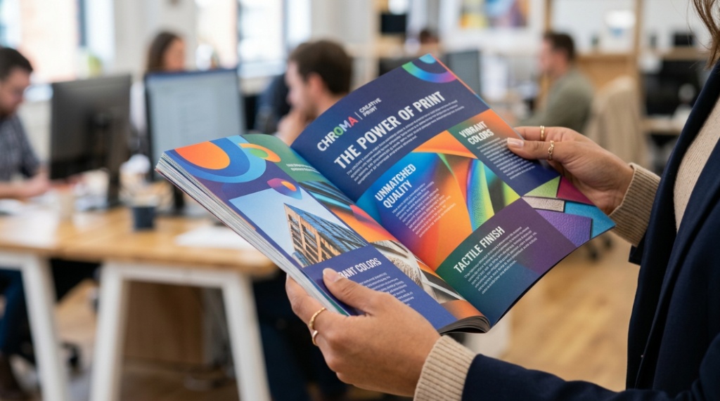 Close-up of hands holding a thick, high-quality printed brochure to demonstrate paper weight and durability.