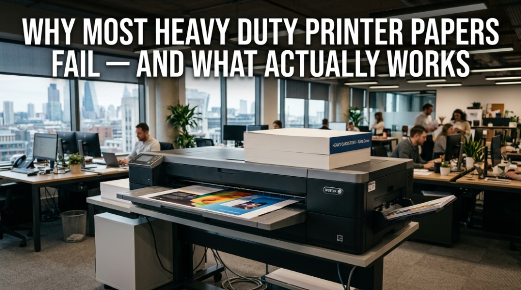 Professional printer with premium paper stack and article title overlay about heavy-duty paper failure.