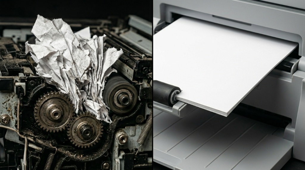 Side-by-side comparison of a paper jam with thin paper versus a smooth print with heavy-duty stock.