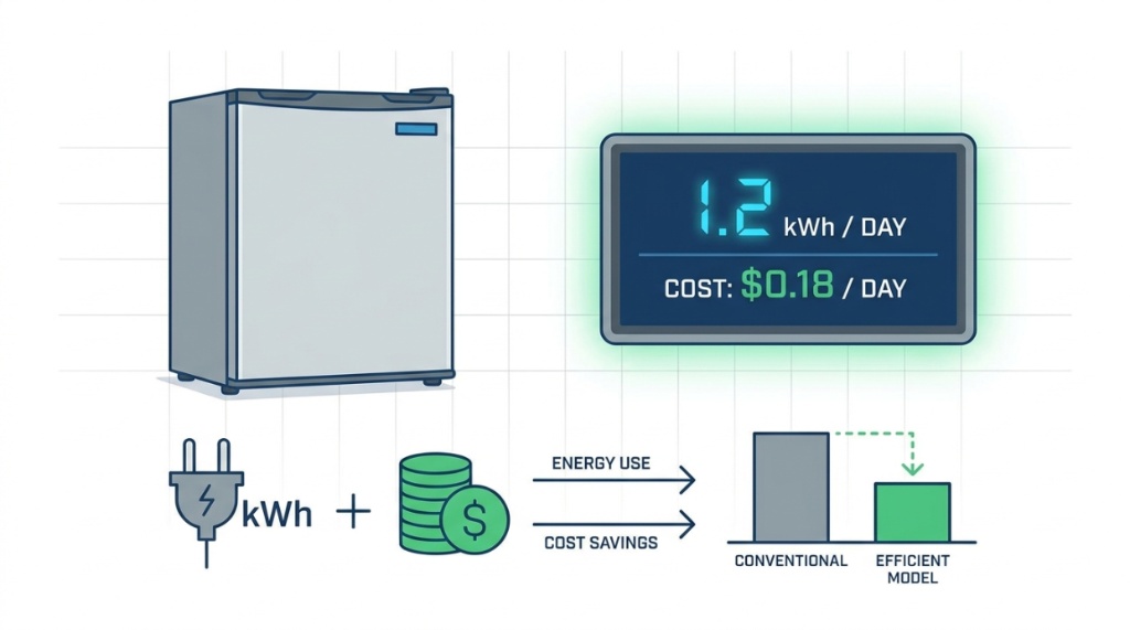 Infographic showing small office refrigerator power consumption metrics and energy costs.