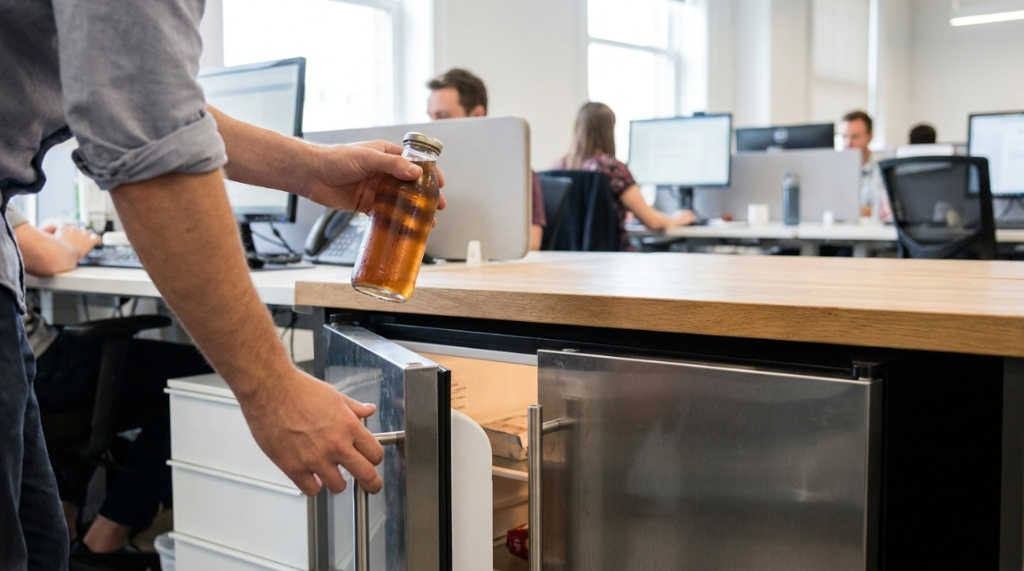 An employee opening a compact office refrigerator to grab a cold drink