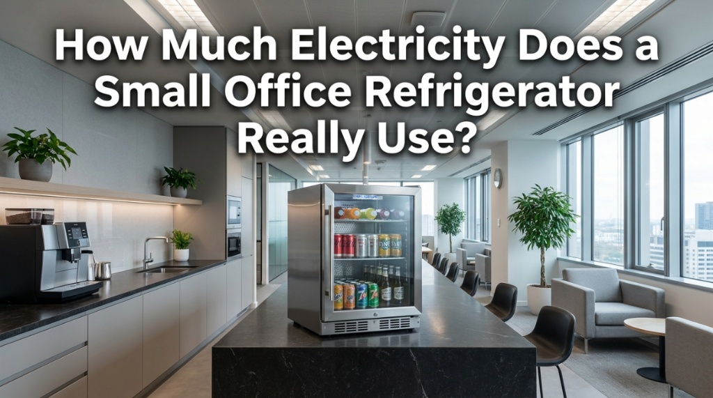 A modern office mini fridge with text overlay about small refrigerator electricity use.
