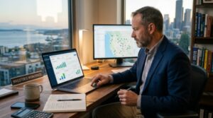 A US real estate investor reviewing portfolio performance dashboards on a laptop using real estate investment management software