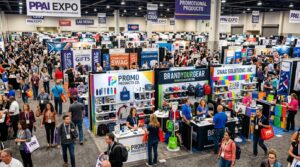Busy trade show floor at PPAI Expo with exhibitor booths displaying branded promotional products