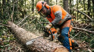 Person wearing safety gear cutting a fallen log with a chainsaw.